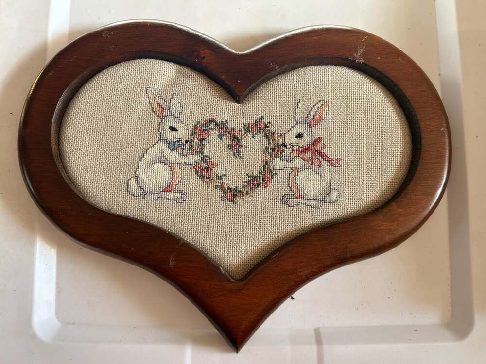 Heart-Shaped Cross Stitch Wall Art with Rabbits, Signed 1988